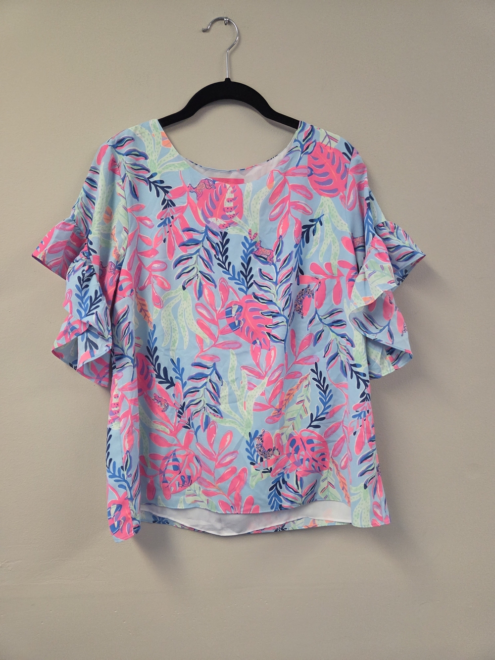 Lilly Pulitzer Blue Top with Pink Leaf Print and Ruffle Sleeves